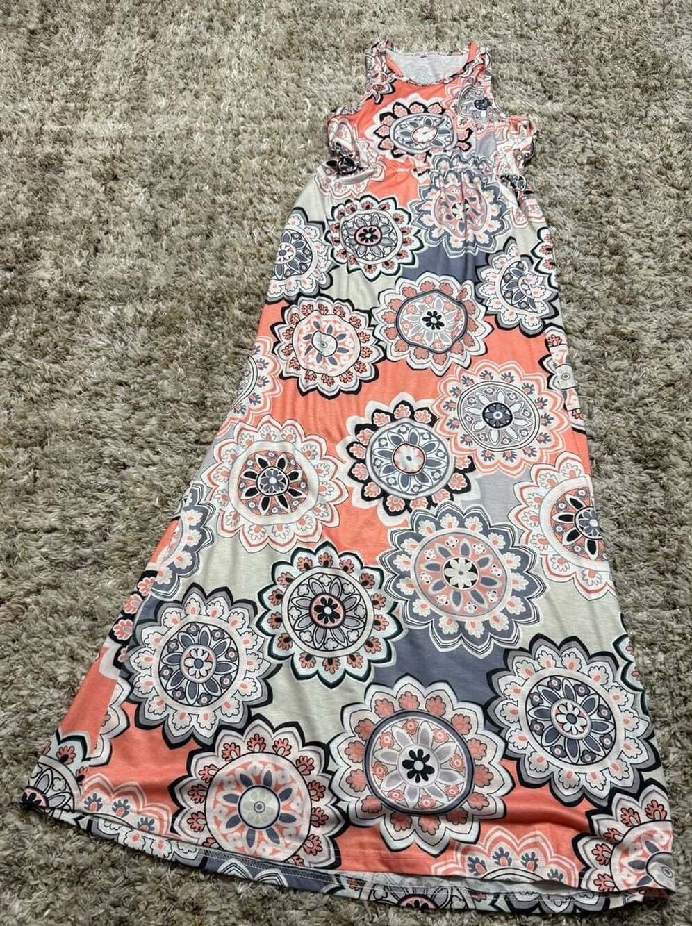Unbranded Mandala Floral Maxi Dress Size M Coral Gray Sleeveless Racerback